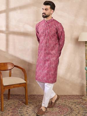 Men pink silk blend ethnic motifs printed straight kurta with trouser 3