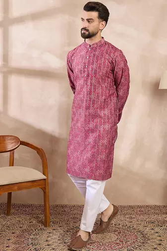 Men pink silk blend ethnic motifs printed straight kurta with trouser