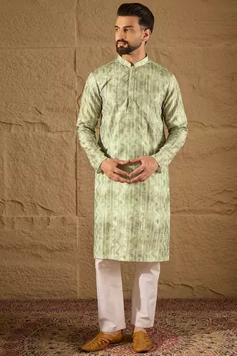 Men olive silk blend ethnic motifs embroidered straight kurta
