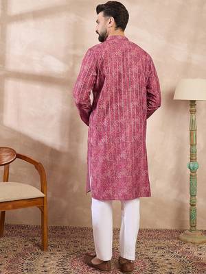 Men pink silk blend ethnic motifs printed straight kurta with trouser 4