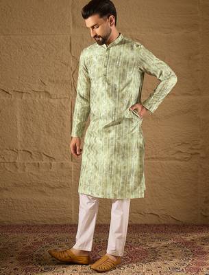Men olive silk blend ethnic motifs embroidered straight kurta 3