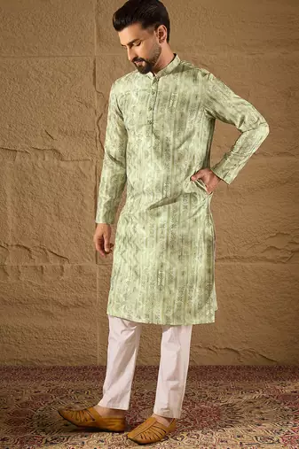 Men olive silk blend ethnic motifs embroidered straight kurta