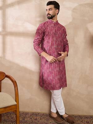 Men pink silk blend ethnic motifs printed straight kurta with trouser 5