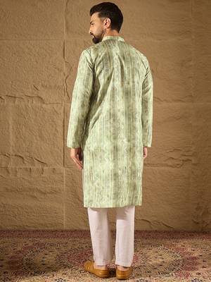 Men olive silk blend ethnic motifs embroidered straight kurta 4