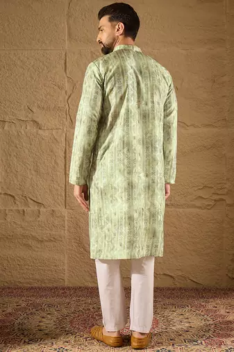 Men olive silk blend ethnic motifs embroidered straight kurta