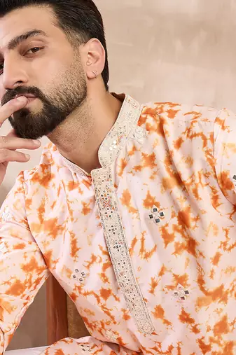Men orange silk blend solid embroidered straight kurta with trouser