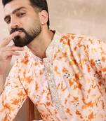 Men orange silk blend solid embroidered straight kurta with trouser