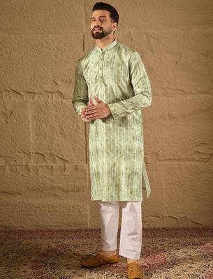 Men olive silk blend ethnic motifs embroidered straight kurta 5