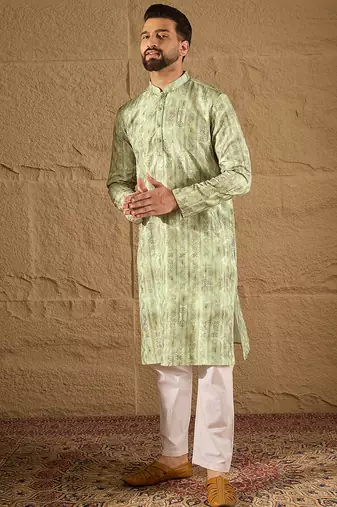 Men olive silk blend ethnic motifs embroidered straight kurta
