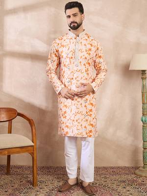 Men orange silk blend solid embroidered straight kurta with trouser 2