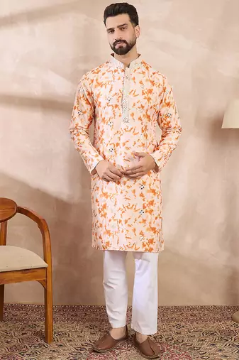 Men orange silk blend solid embroidered straight kurta with trouser