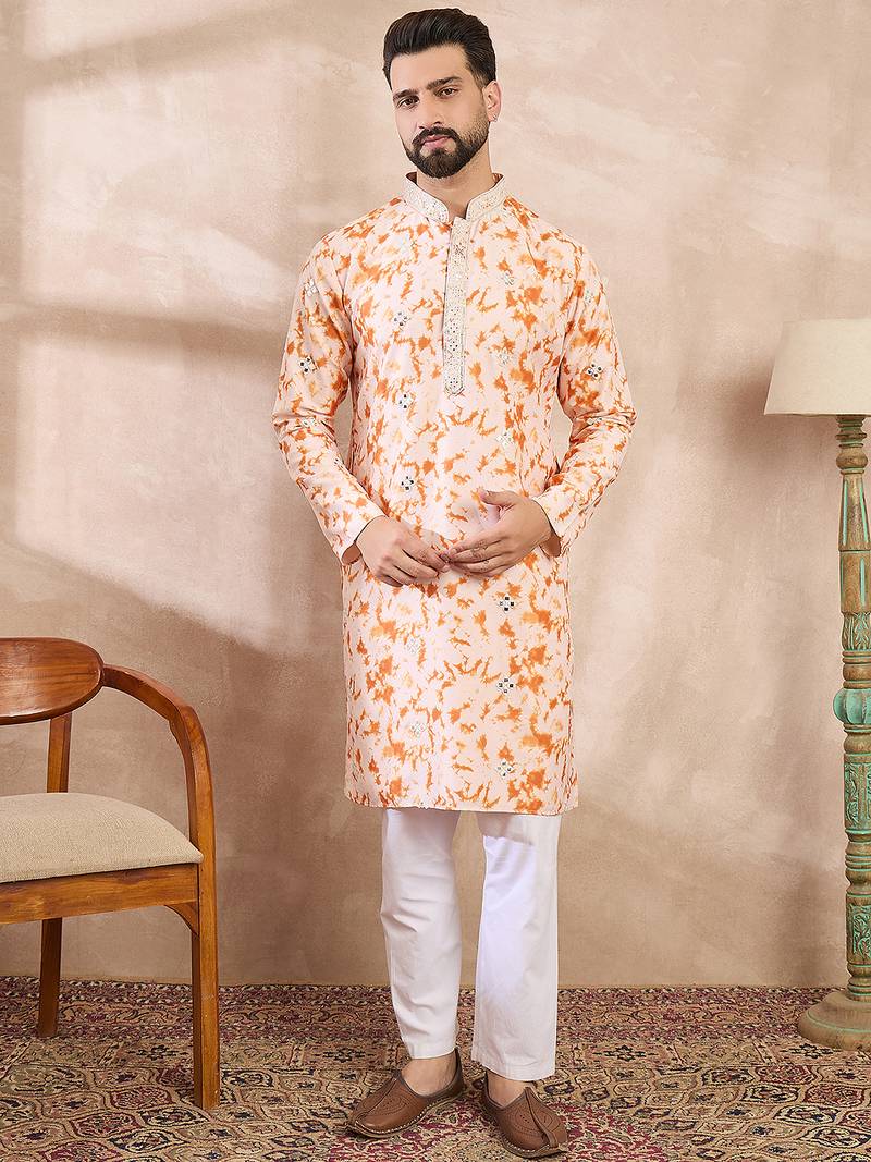 Men orange silk blend solid embroidered straight kurta with trouser