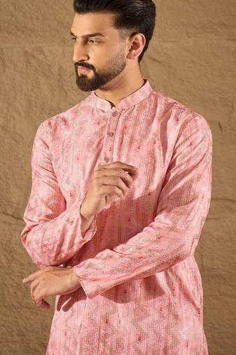 Men pink silk blend ethnic motifs embroidered straight kurta