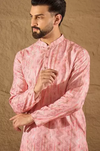 Men pink silk blend ethnic motifs embroidered straight kurta