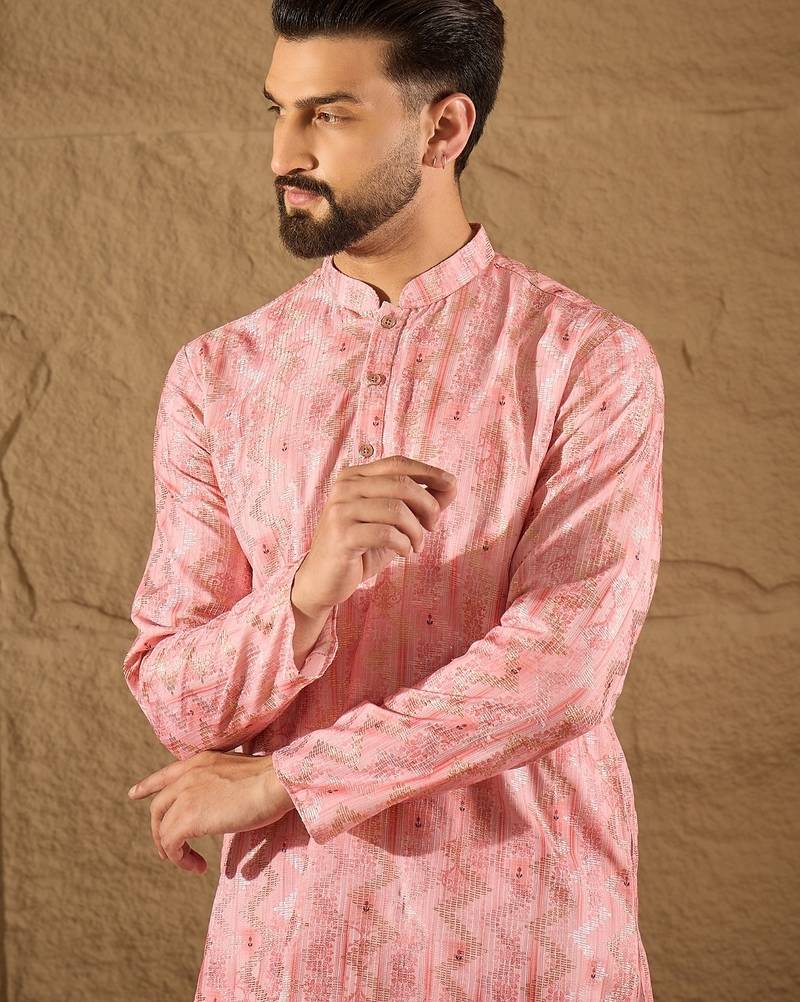 Men pink silk blend ethnic motifs embroidered straight kurta