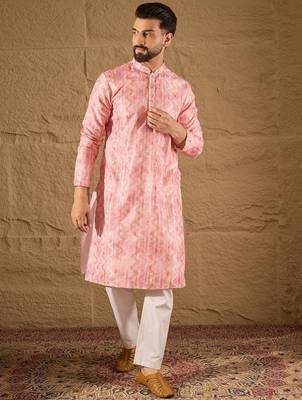 Men pink silk blend ethnic motifs embroidered straight kurta 2