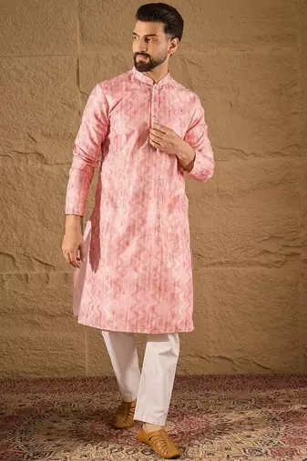 Men pink silk blend ethnic motifs embroidered straight kurta