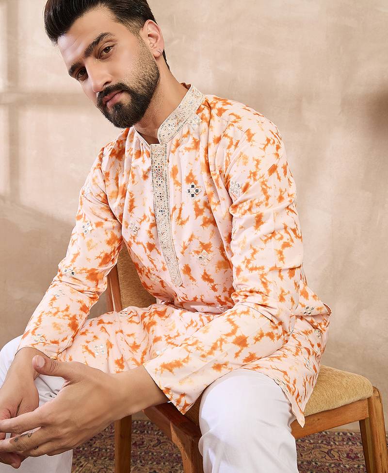 Men orange silk blend solid embroidered straight kurta with trouser
