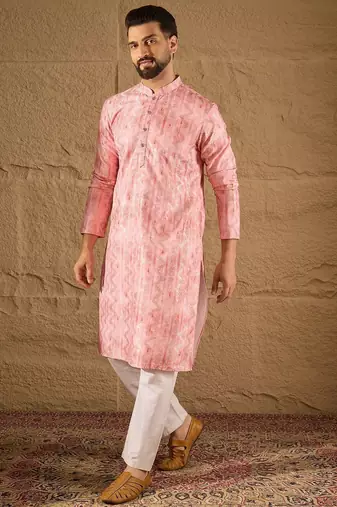 Men pink silk blend ethnic motifs embroidered straight kurta