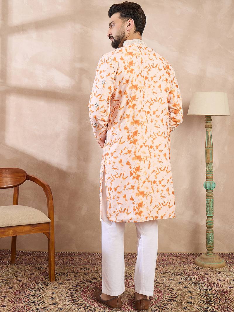Men orange silk blend solid embroidered straight kurta with trouser