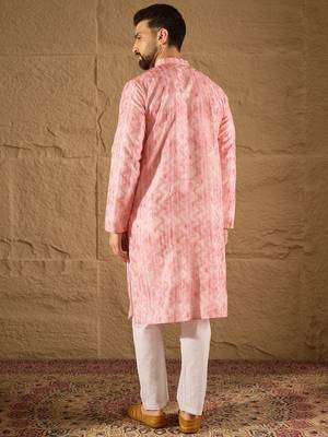 Men pink silk blend ethnic motifs embroidered straight kurta 4