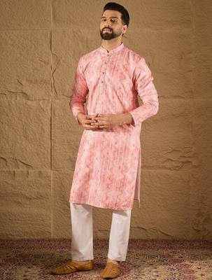 Men pink silk blend ethnic motifs embroidered straight kurta 5