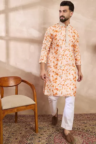 Men orange silk blend solid embroidered straight kurta with trouser