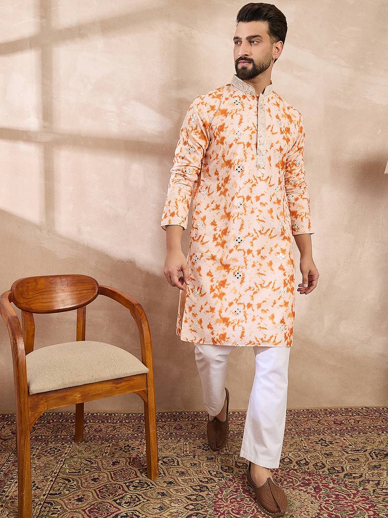 Men orange silk blend solid embroidered straight kurta with trouser