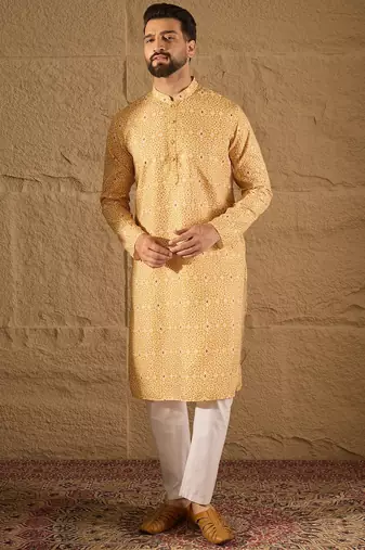 Men yellow silk blend ethnic motifs embroidered straight kurta
