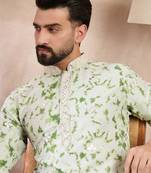 Men green silk blend solid embroidered straight kurta with trouser