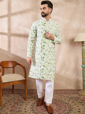 Men green silk blend solid embroidered straight kurta with trouser 2