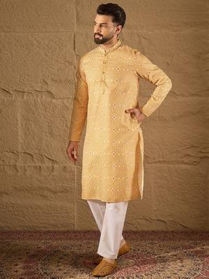 Men yellow silk blend ethnic motifs embroidered straight kurta 3