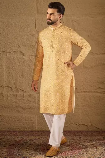 Men yellow silk blend ethnic motifs embroidered straight kurta