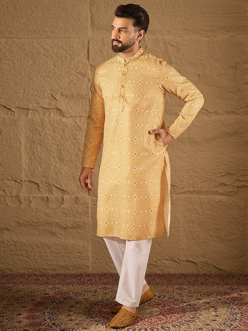 Men yellow silk blend ethnic motifs embroidered straight kurta
