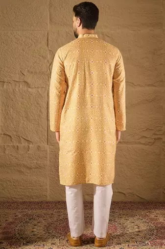 Men yellow silk blend ethnic motifs embroidered straight kurta