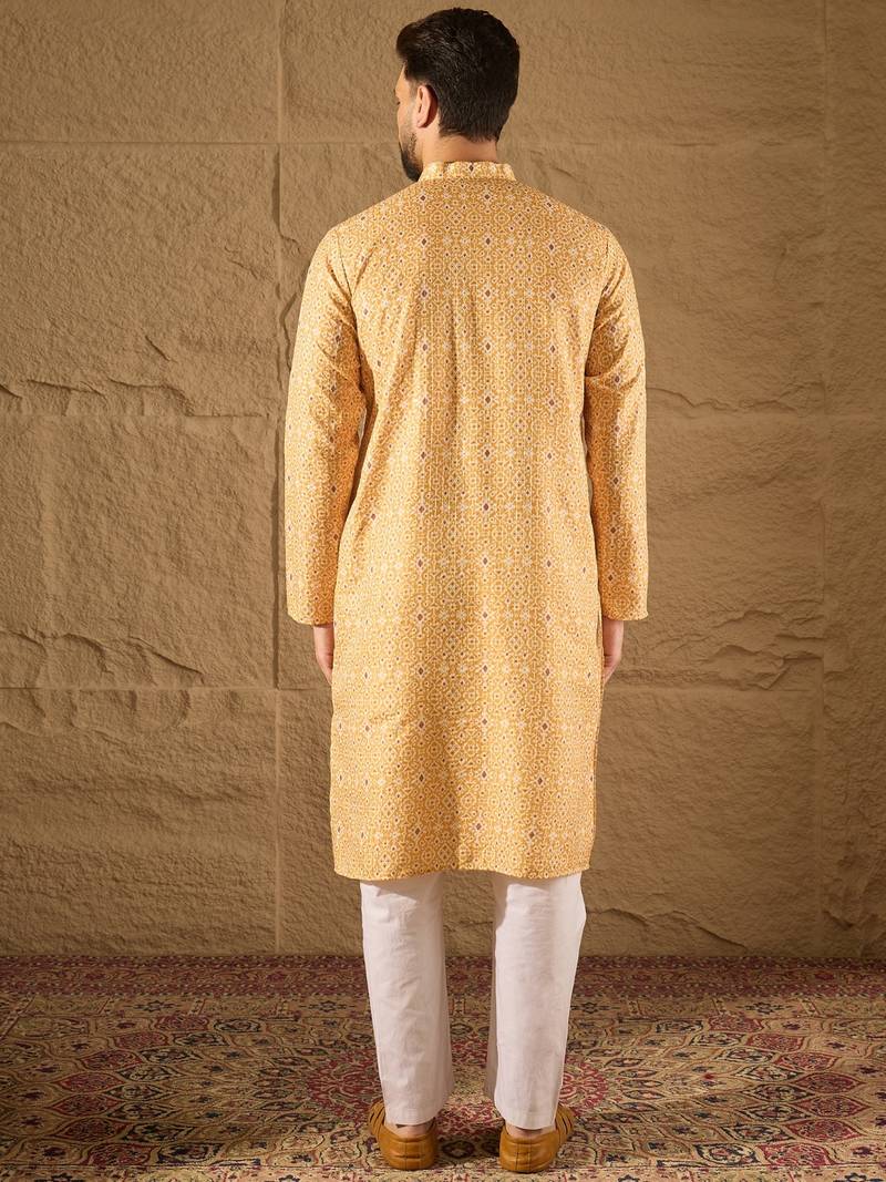 Men yellow silk blend ethnic motifs embroidered straight kurta