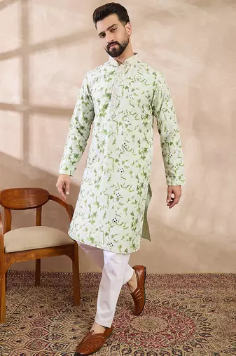 Men green silk blend solid embroidered straight kurta with trouser