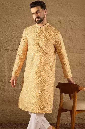 Men yellow silk blend ethnic motifs embroidered straight kurta