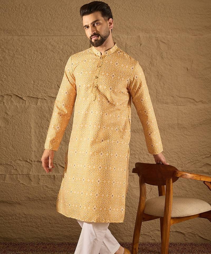 Men yellow silk blend ethnic motifs embroidered straight kurta