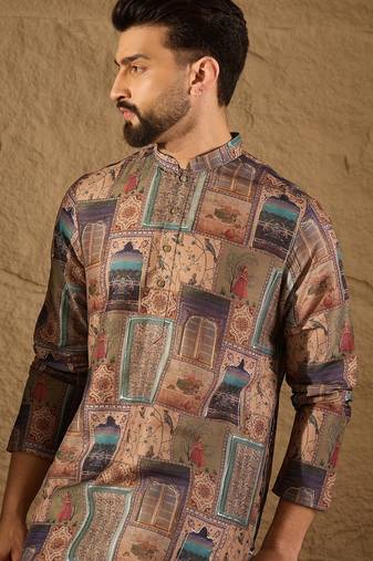 Men multi viscose rayon ethnic motifs embroidered straight kurta