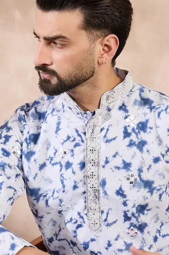 Men blue silk blend solid embroidered straight kurta with trouser