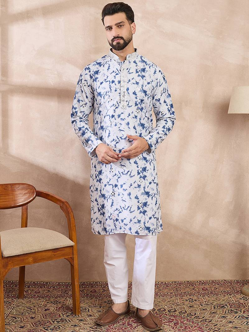 Men blue silk blend solid embroidered straight kurta with trouser