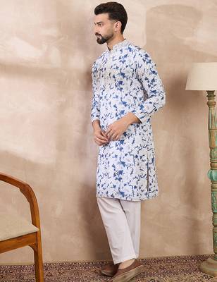Men blue silk blend solid embroidered straight kurta with trouser 3