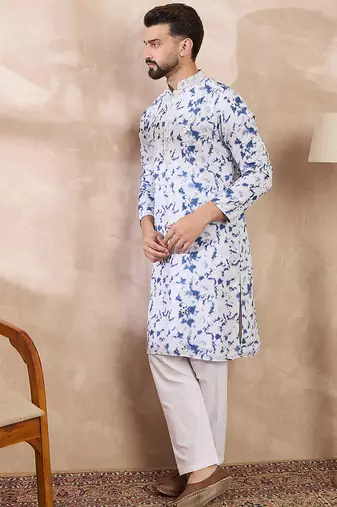 Men blue silk blend solid embroidered straight kurta with trouser