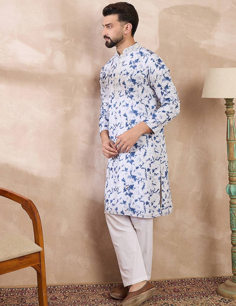 Men blue silk blend solid embroidered straight kurta with trouser