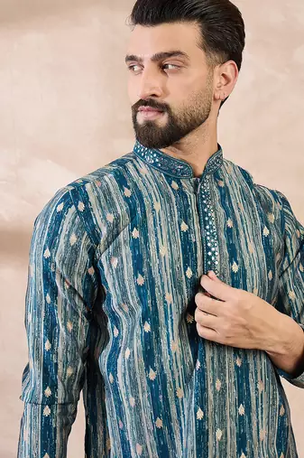 Men turquoise blue silk blend abstract printed straight kurta with trouser