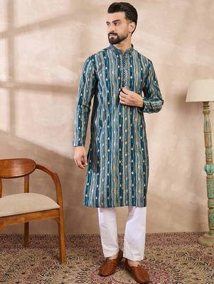 Men turquoise blue silk blend abstract printed straight kurta with trouser 2