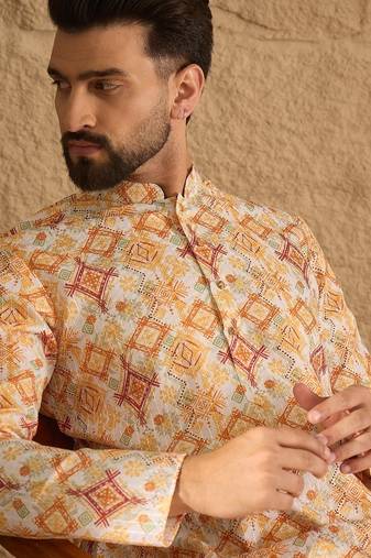 Men white silk blend geometric embroidered straight kurta