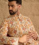 Men white silk blend geometric embroidered straight kurta