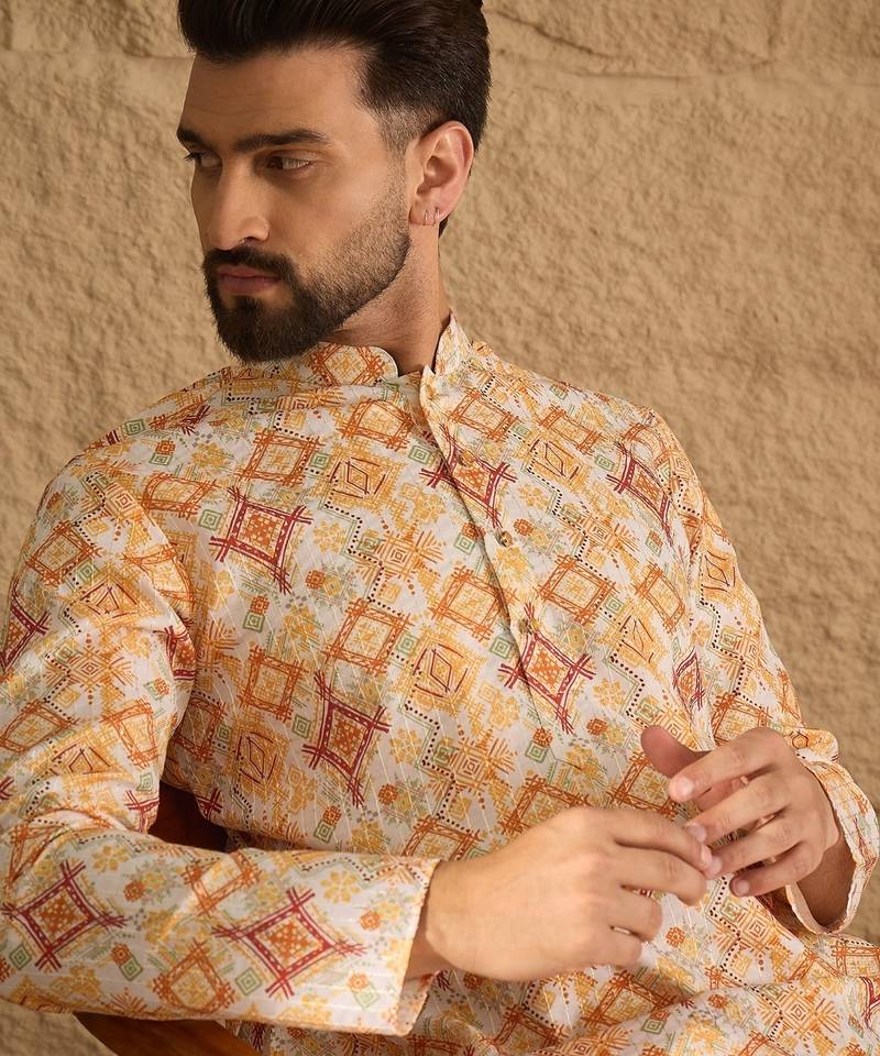 Men white silk blend geometric embroidered straight kurta
